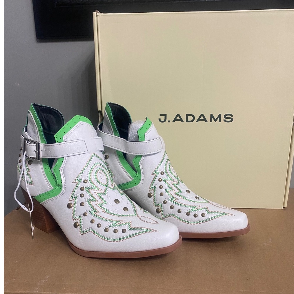 J. Adams Darla White Green Western Ankle Boots Studded Buckle Cowgirl Bootie 7